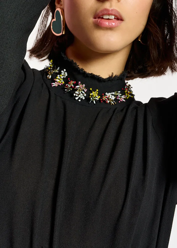 Black high neck top with bead embellishments