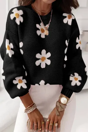 Black Pink Floral Pattern Drop Shoulder Sweater