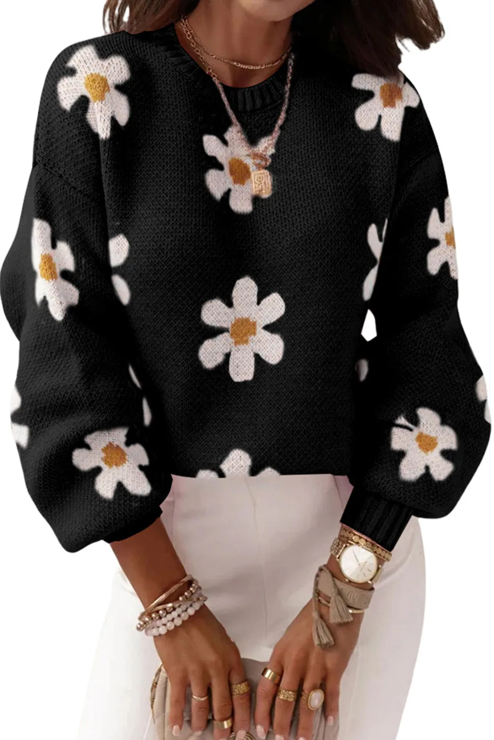 Black Pink Floral Pattern Drop Shoulder Sweater