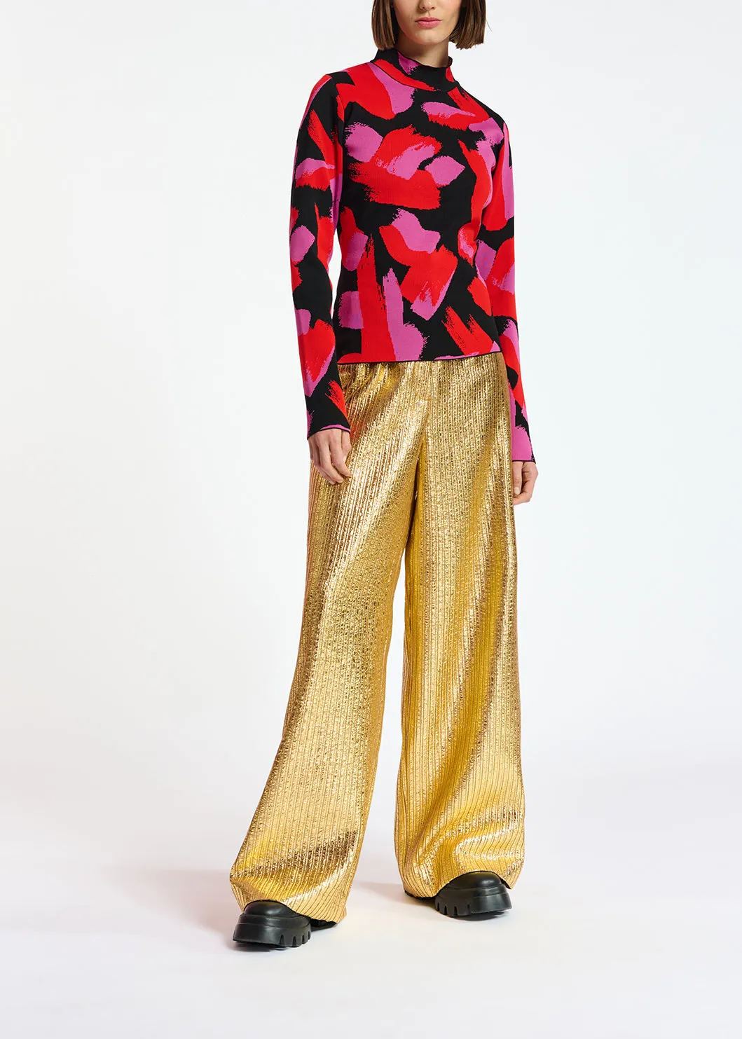 Black, red and fuchsia jacquard-knit sweater