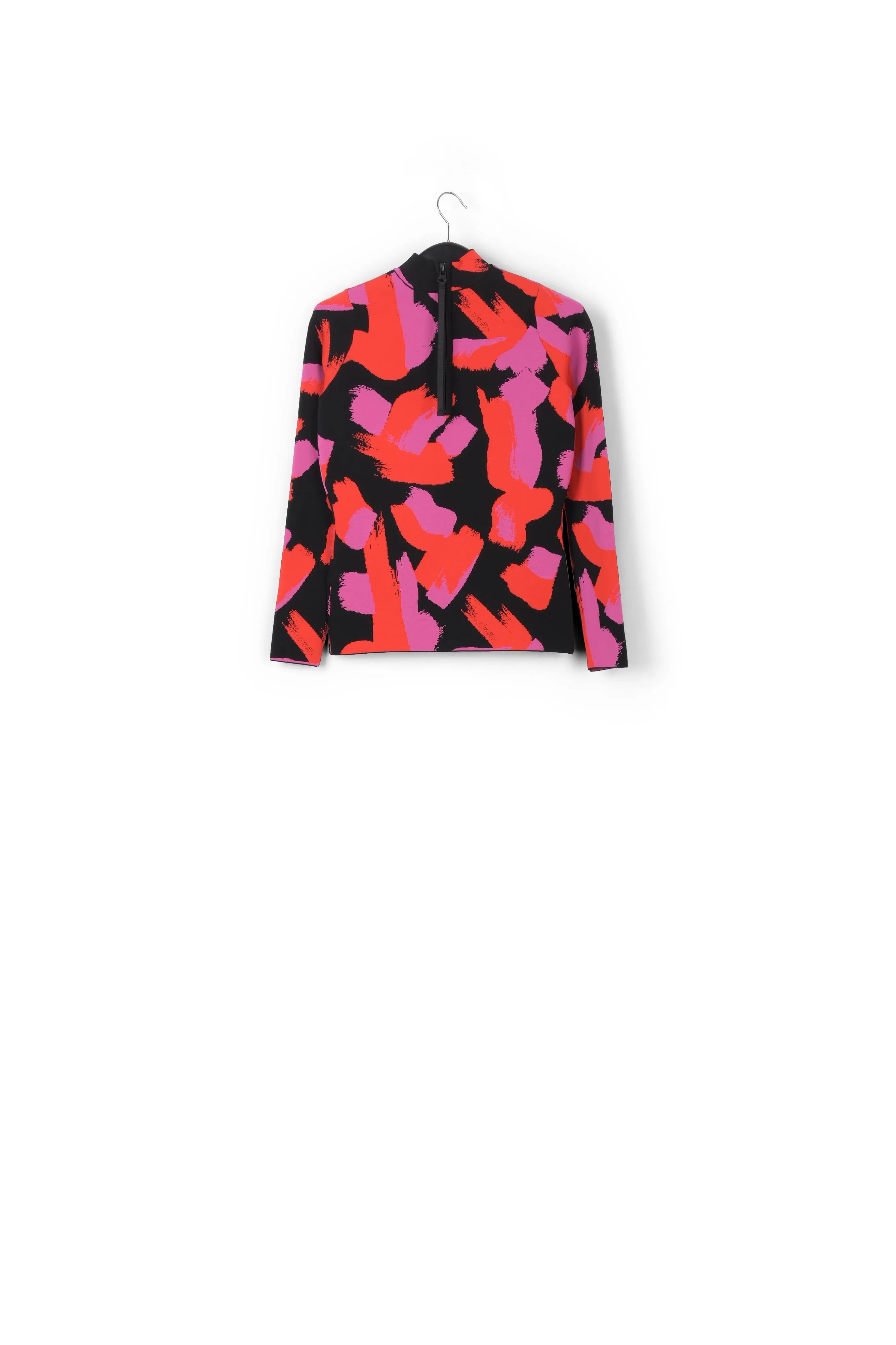 Black, red and fuchsia jacquard-knit sweater