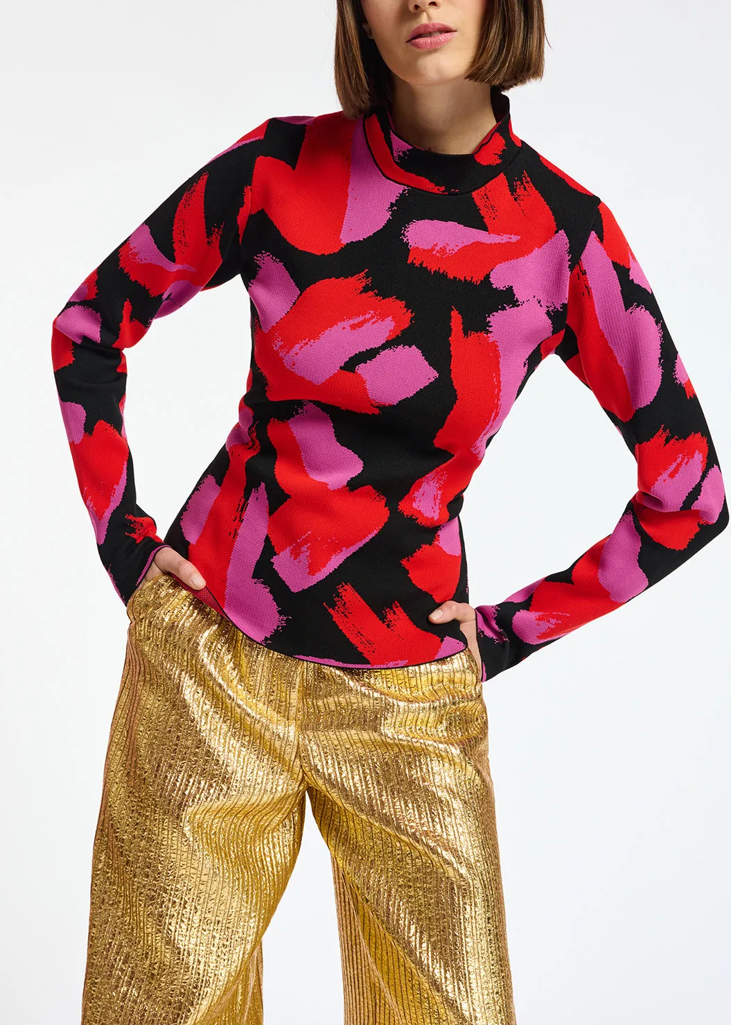Black, red and fuchsia jacquard-knit sweater