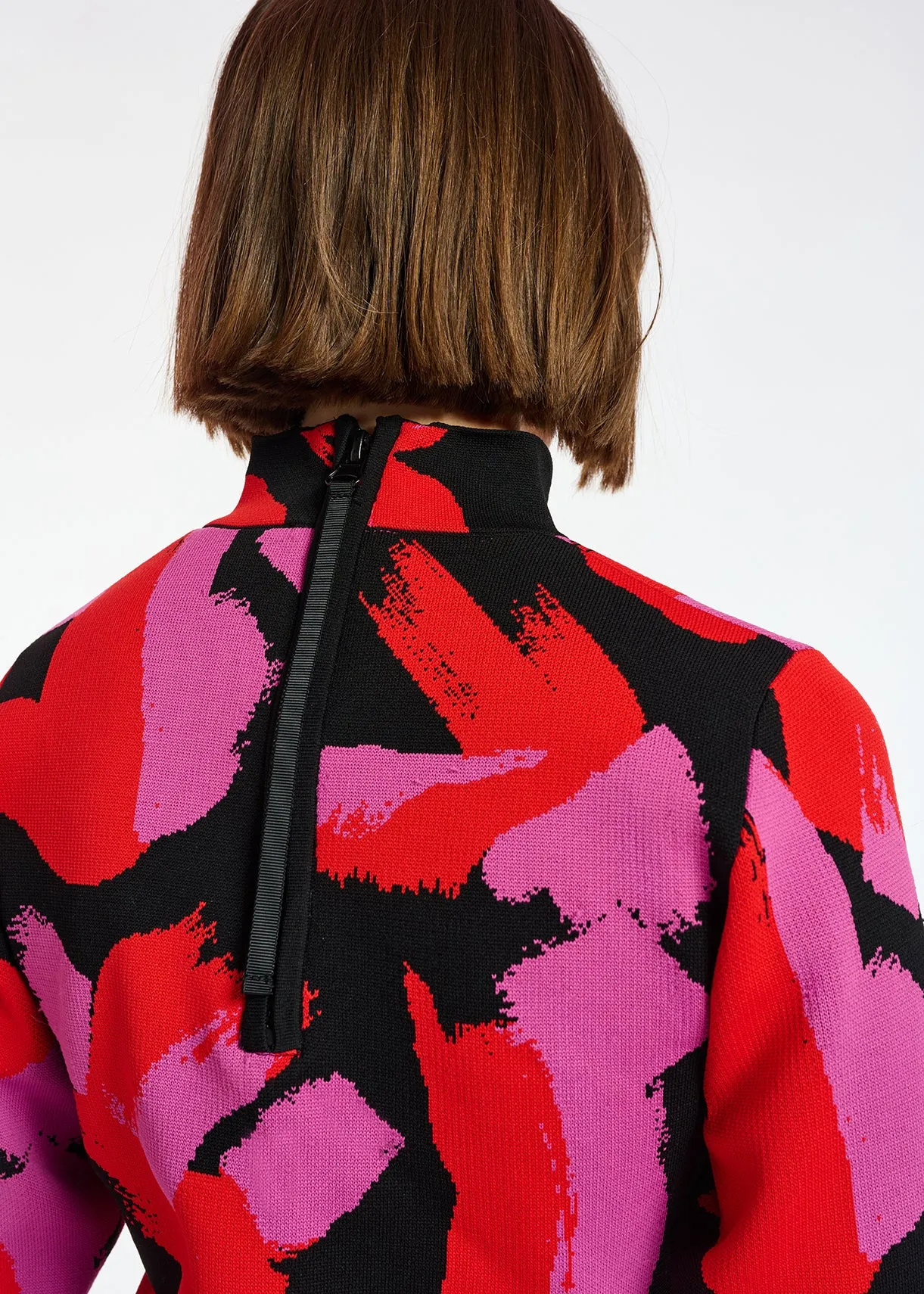 Black, red and fuchsia jacquard-knit sweater