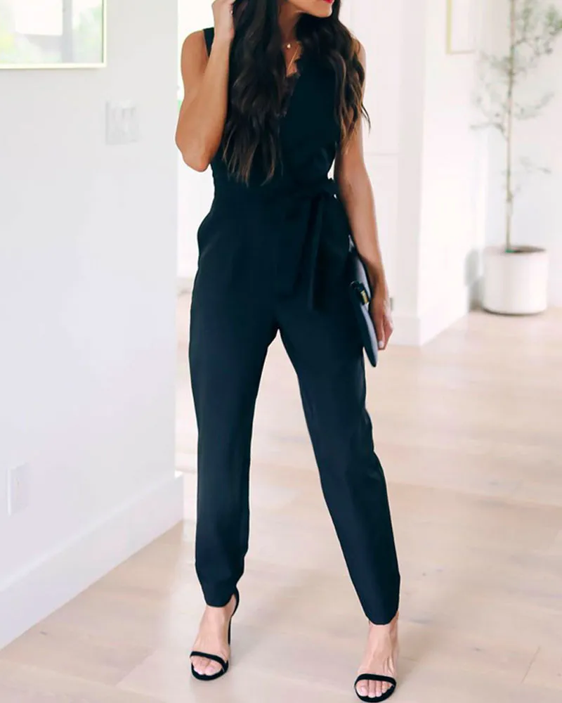 Black Sexy Deep V-neck Lace Pocket Straps Jumpsuit