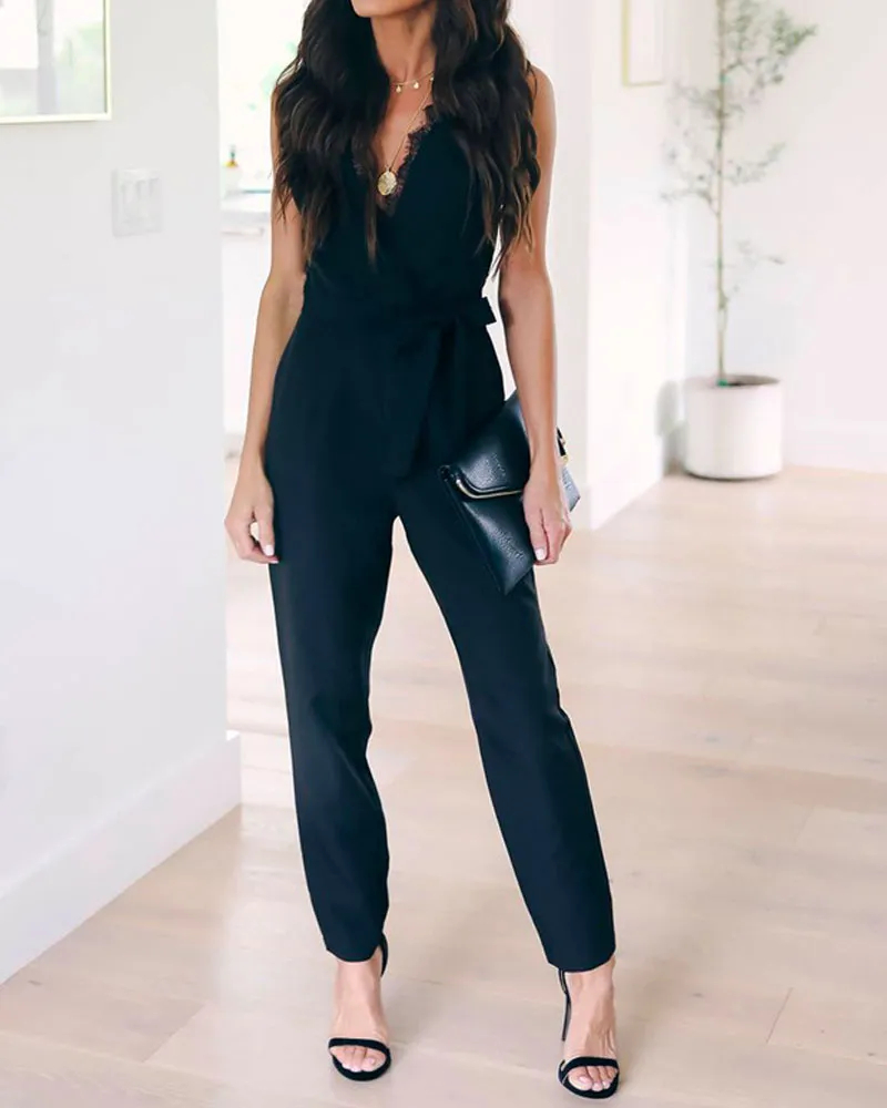 Black Sexy Deep V-neck Lace Pocket Straps Jumpsuit