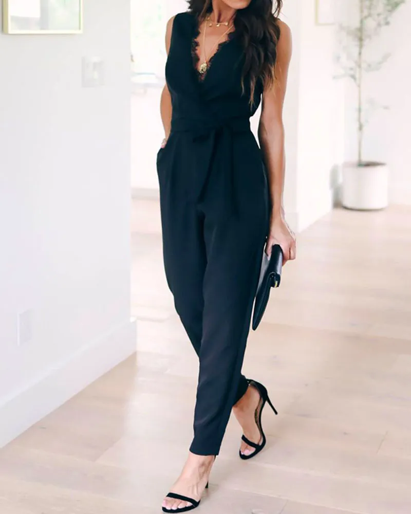 Black Sexy Deep V-neck Lace Pocket Straps Jumpsuit