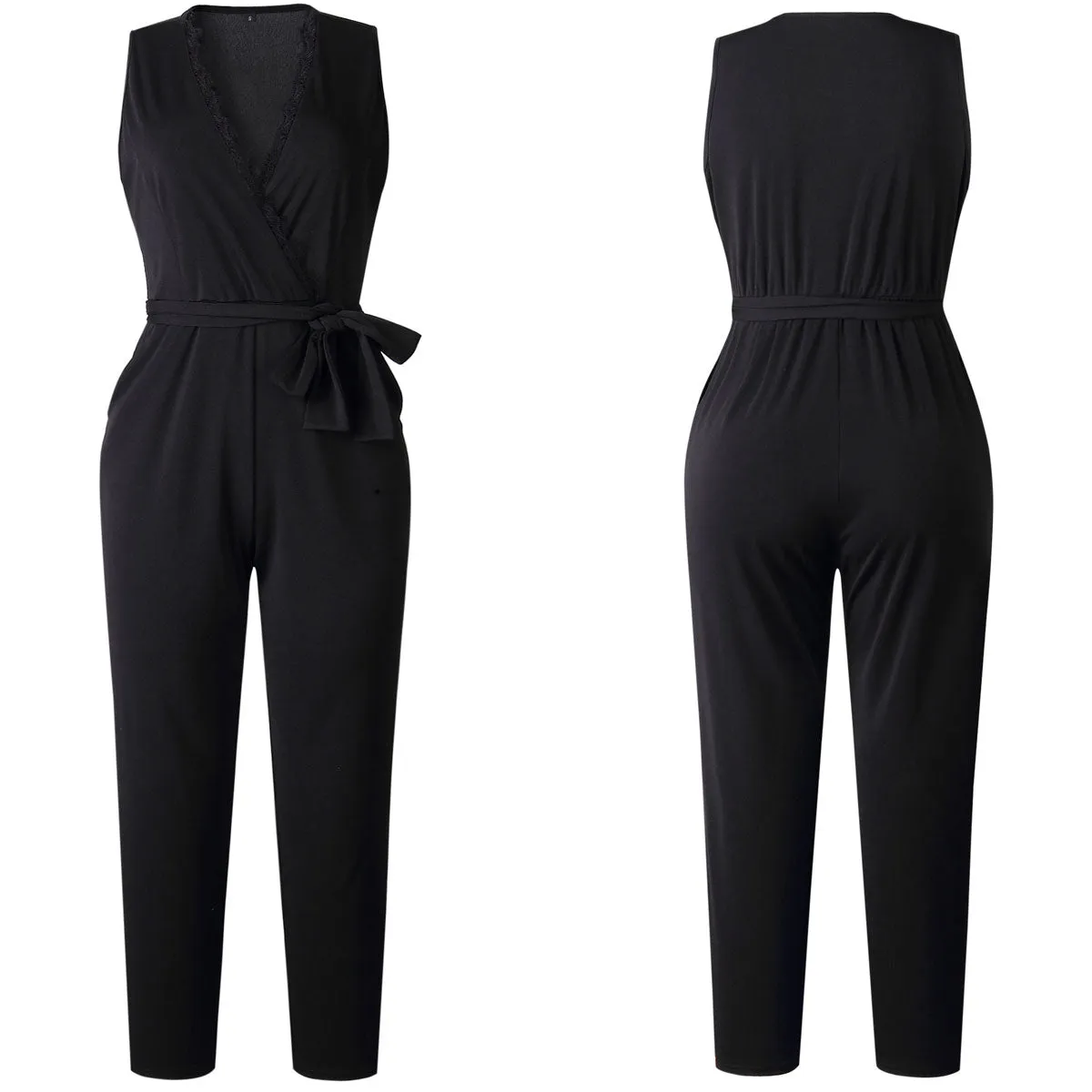 Black Sexy Deep V-neck Lace Pocket Straps Jumpsuit