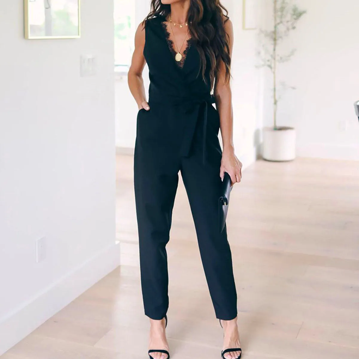 Black Sexy Deep V-neck Lace Pocket Straps Jumpsuit