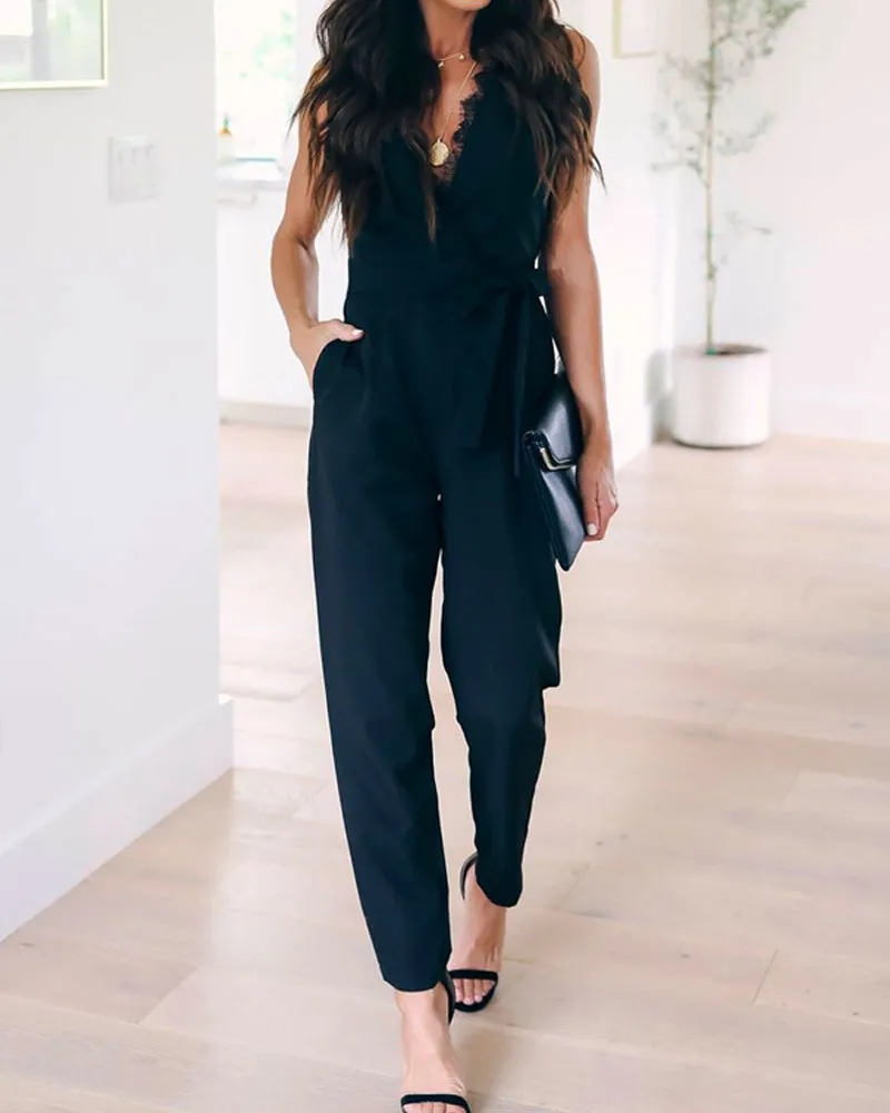 Black Sexy Deep V-neck Lace Pocket Straps Jumpsuit