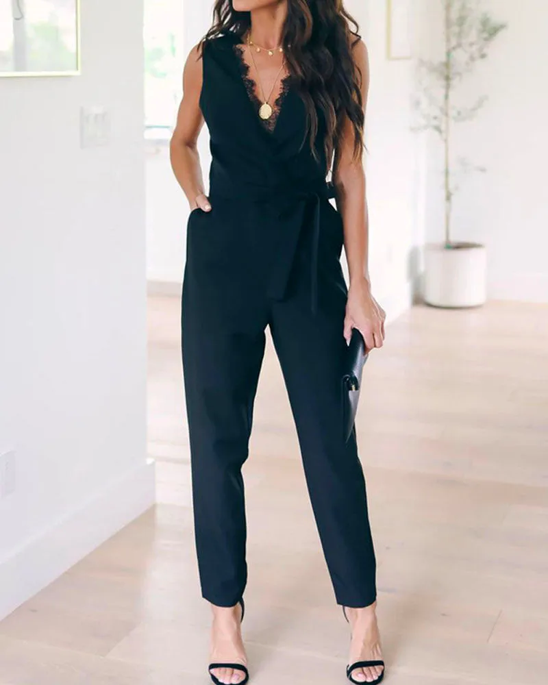 Black Sexy Deep V-neck Lace Pocket Straps Jumpsuit