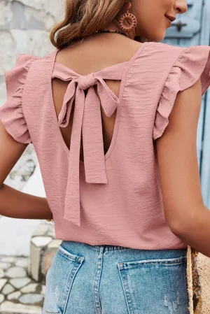 Blossom Bow Knot Decor Open Back Flutter Sleeve Blouse