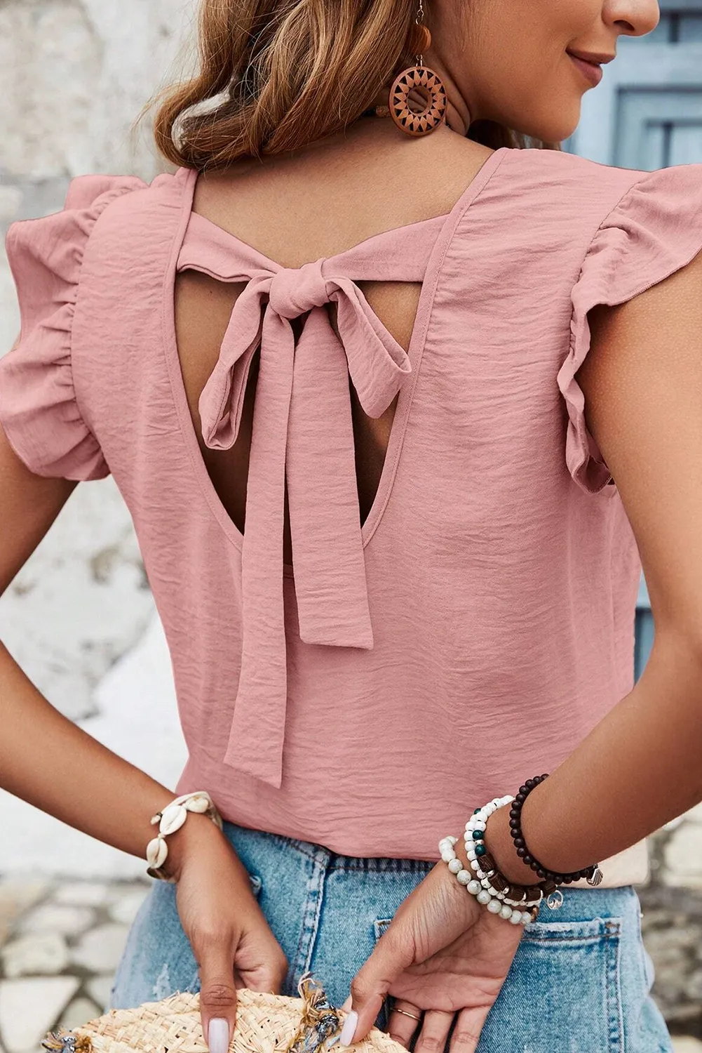 Blossom Bow Knot Decor Open Back Flutter Sleeve Blouse