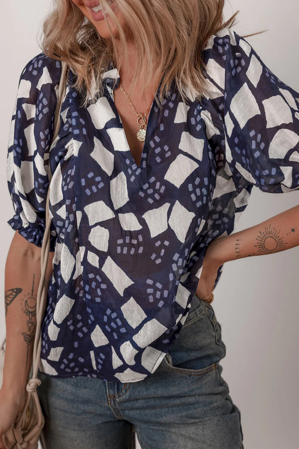Blue Abstract Print Frilled Puff Sleeve V Neck Blouse