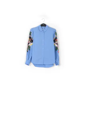 Blue cotton embroidered puffed-sleeve shirt