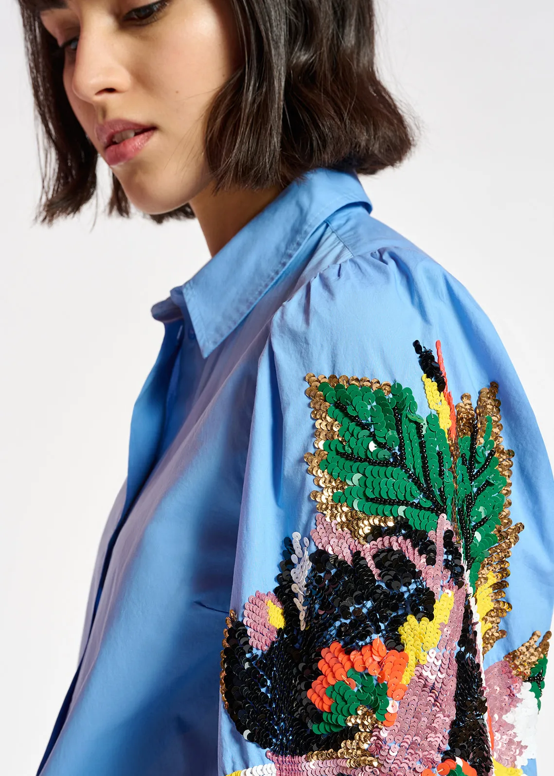 Blue cotton embroidered puffed-sleeve shirt