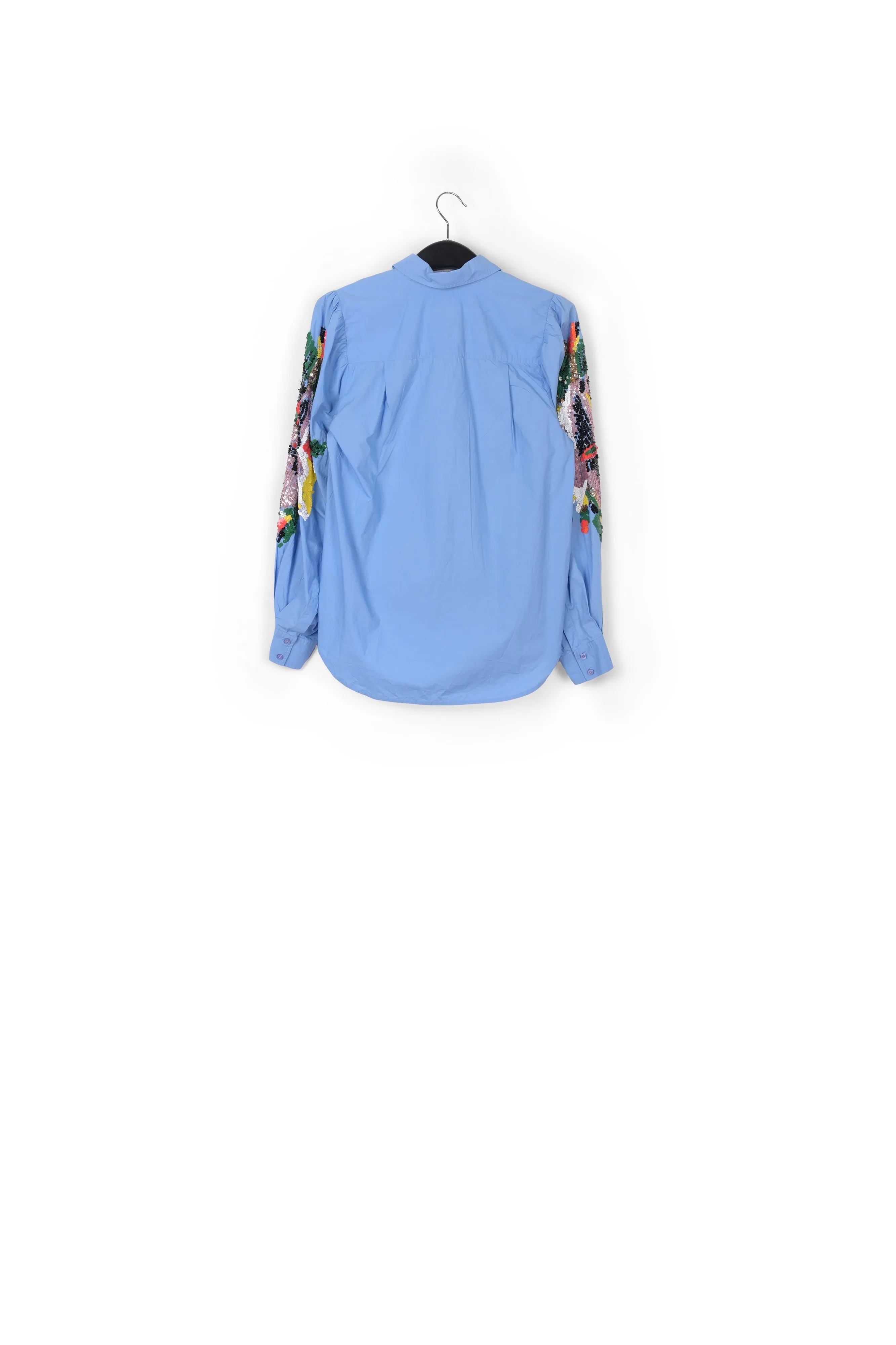 Blue cotton embroidered puffed-sleeve shirt