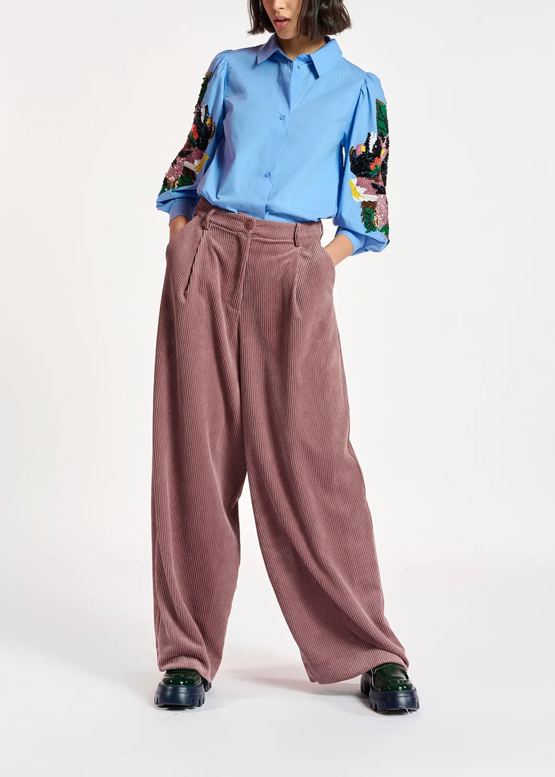 Blue cotton embroidered puffed-sleeve shirt