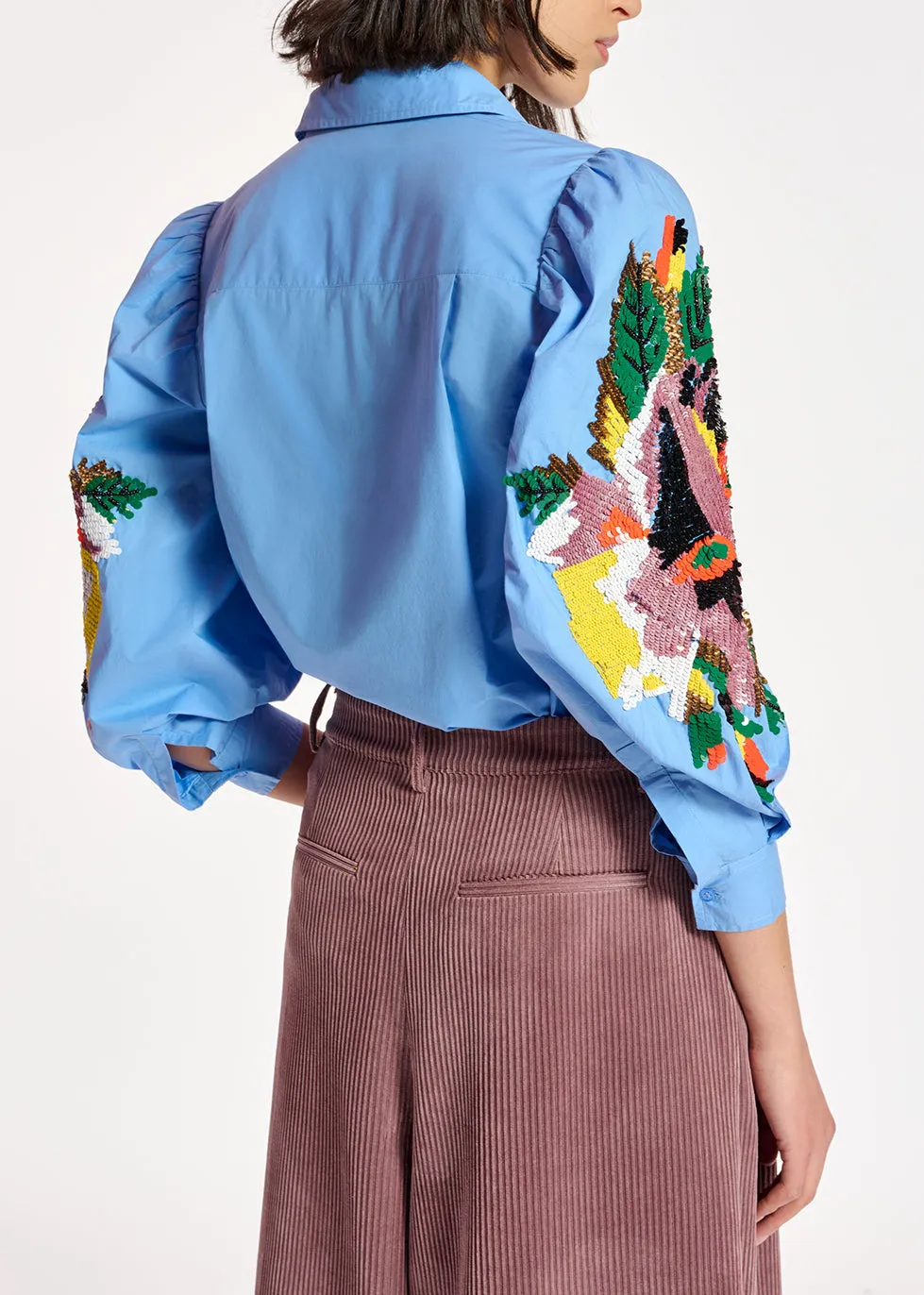 Blue cotton embroidered puffed-sleeve shirt
