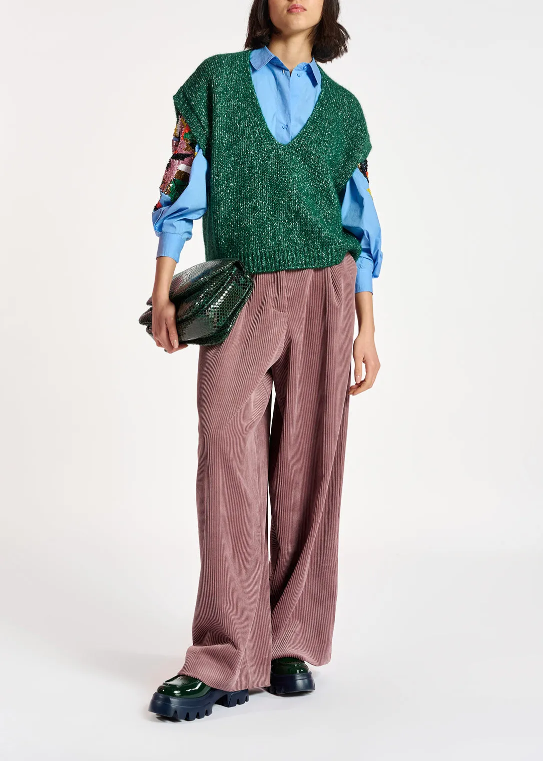 Blue cotton embroidered puffed-sleeve shirt