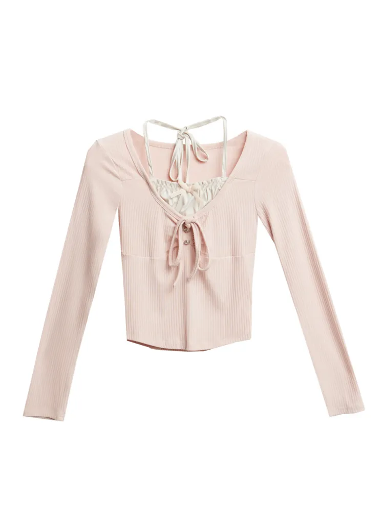 Blush Ribbon Tie Top Snowy Lace Tank