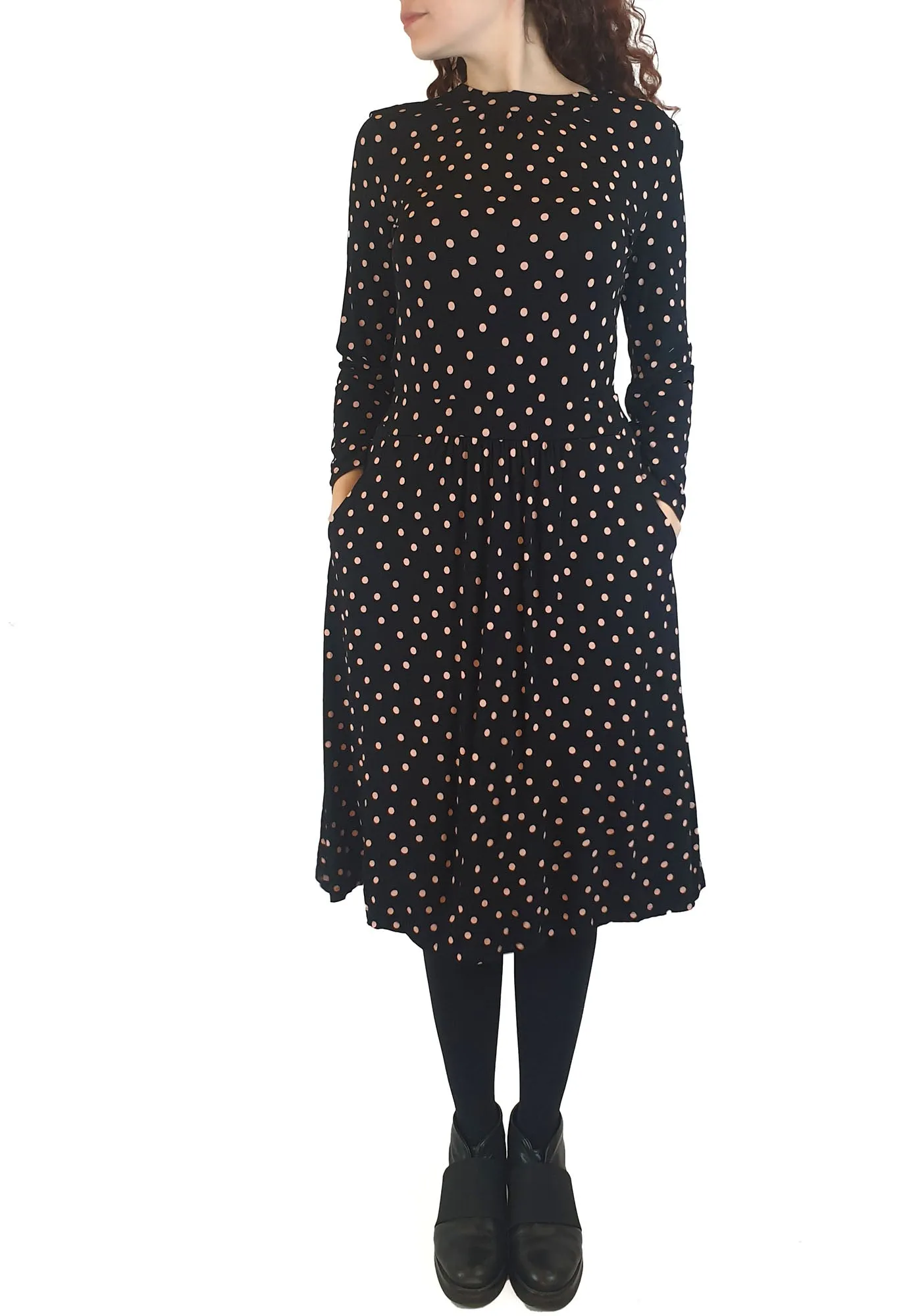 Boden black long sleeve dress with pink polka dots size UK 10