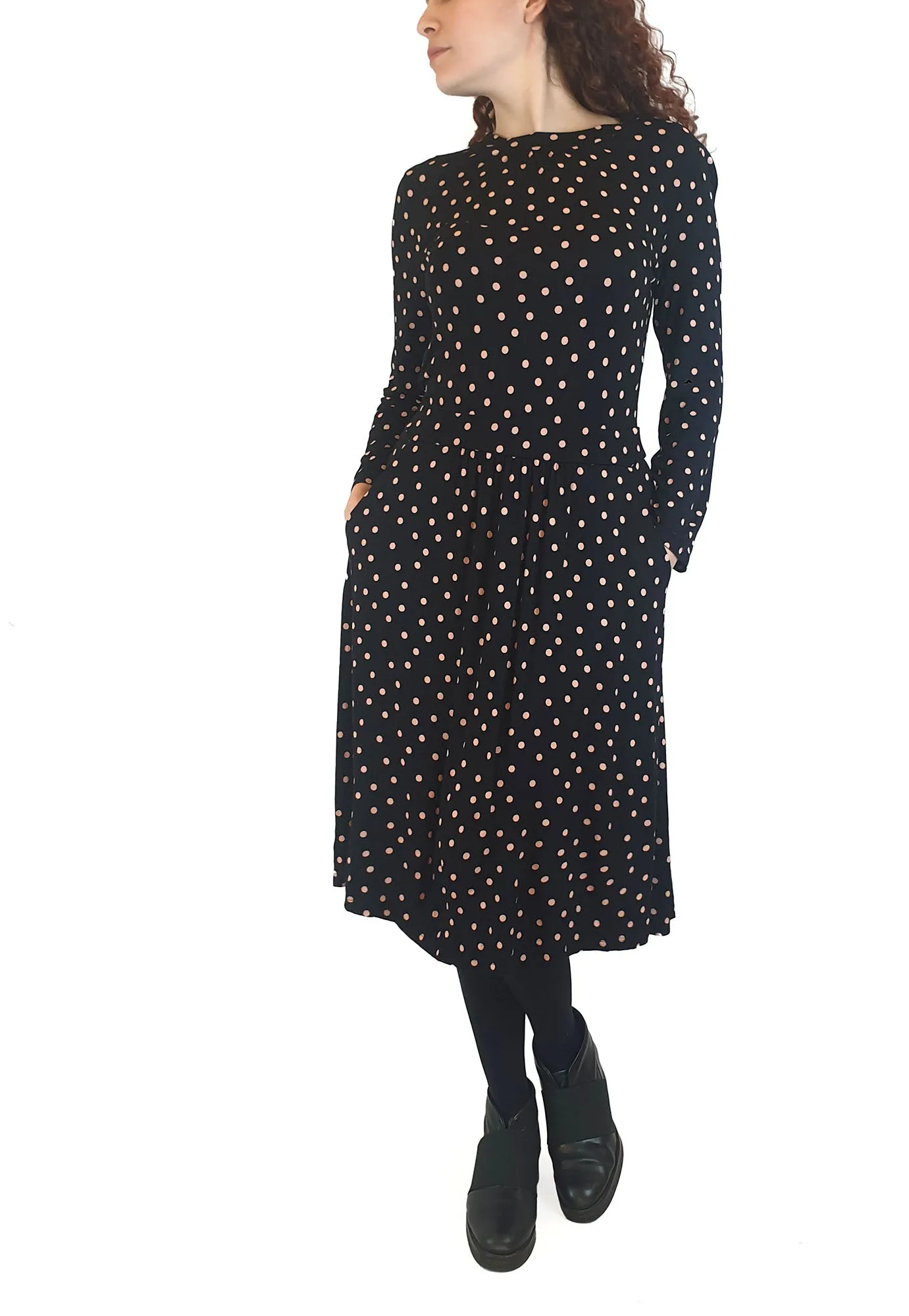 Boden black long sleeve dress with pink polka dots size UK 10