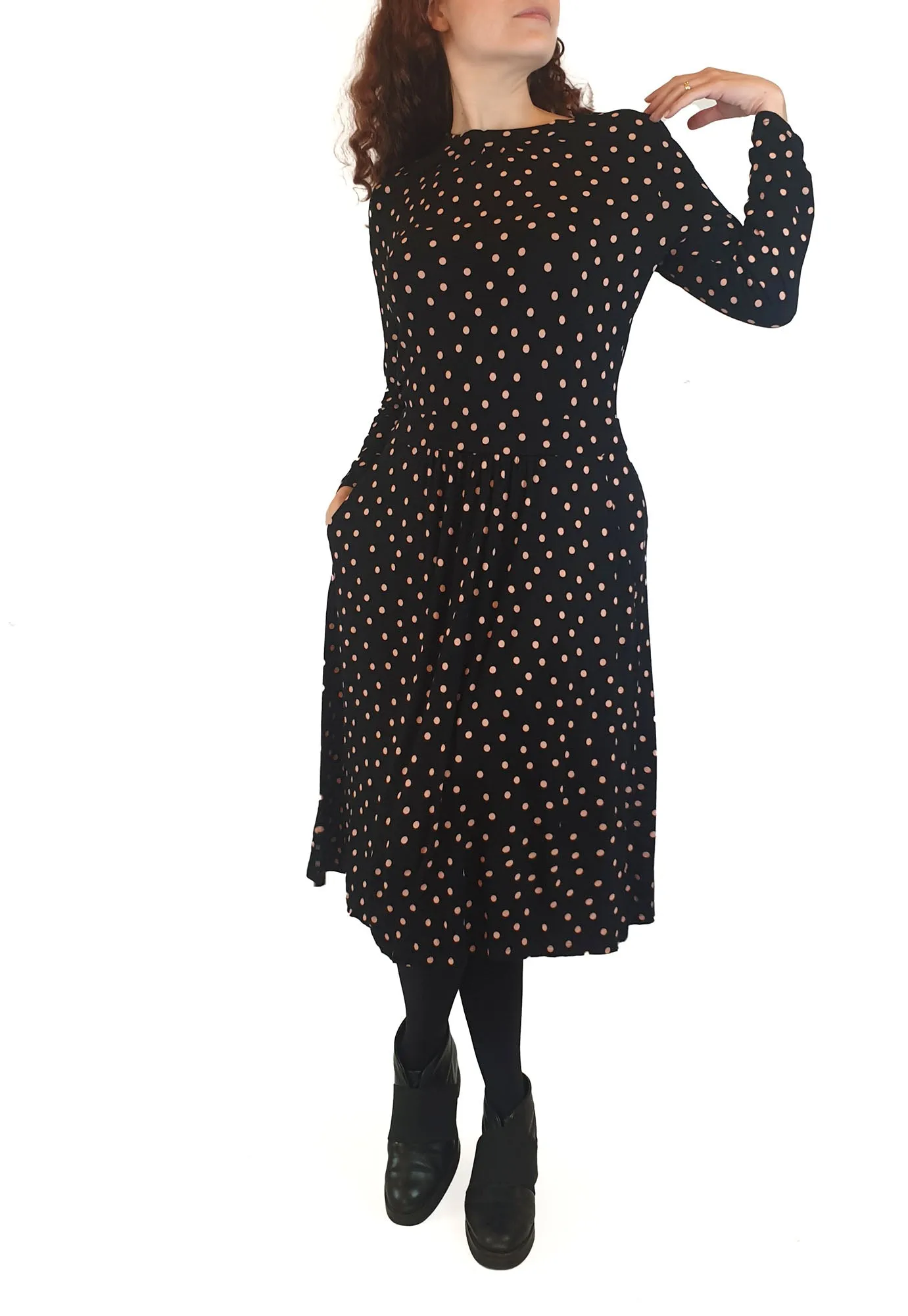 Boden black long sleeve dress with pink polka dots size UK 10