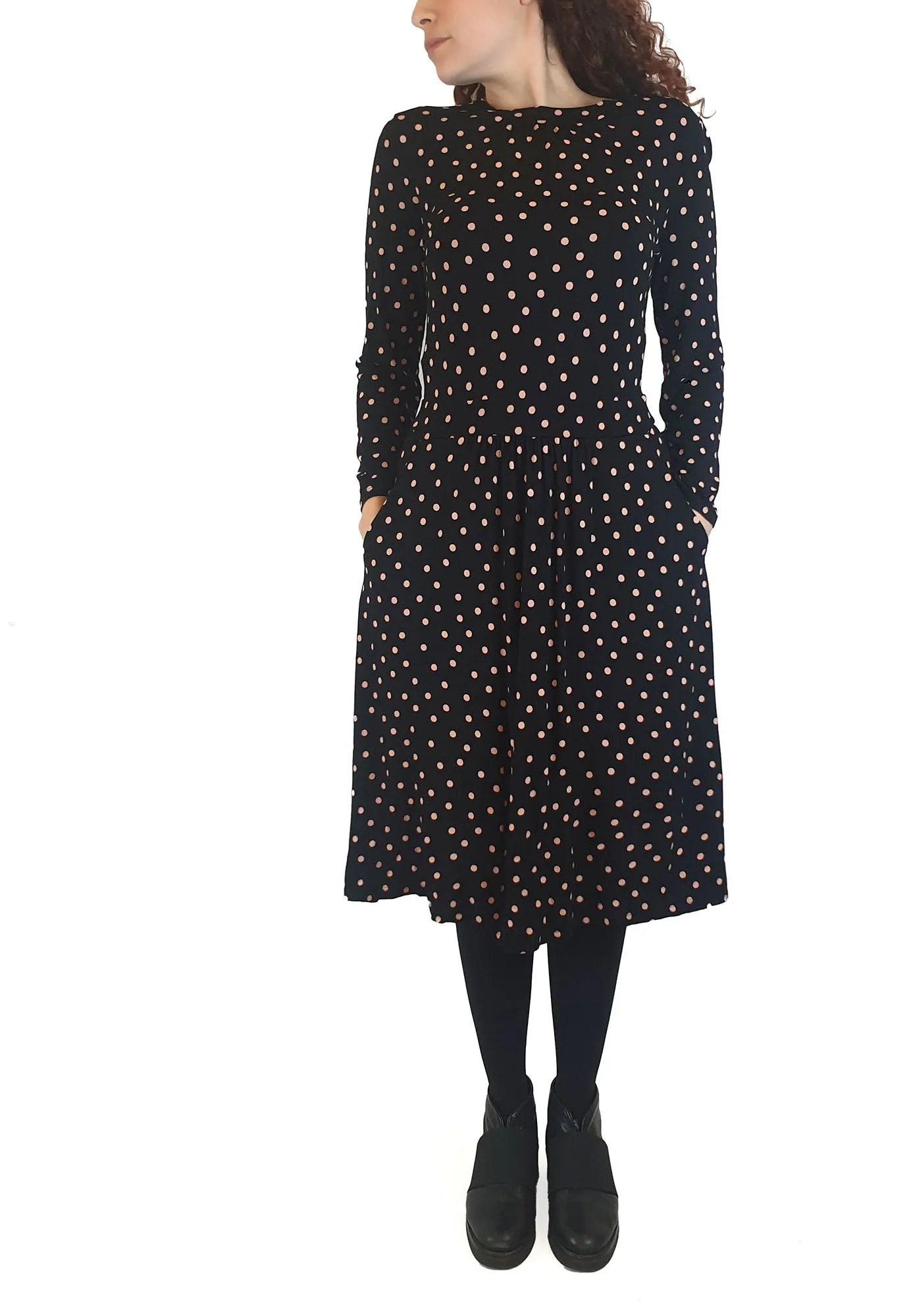 Boden black long sleeve dress with pink polka dots size UK 10