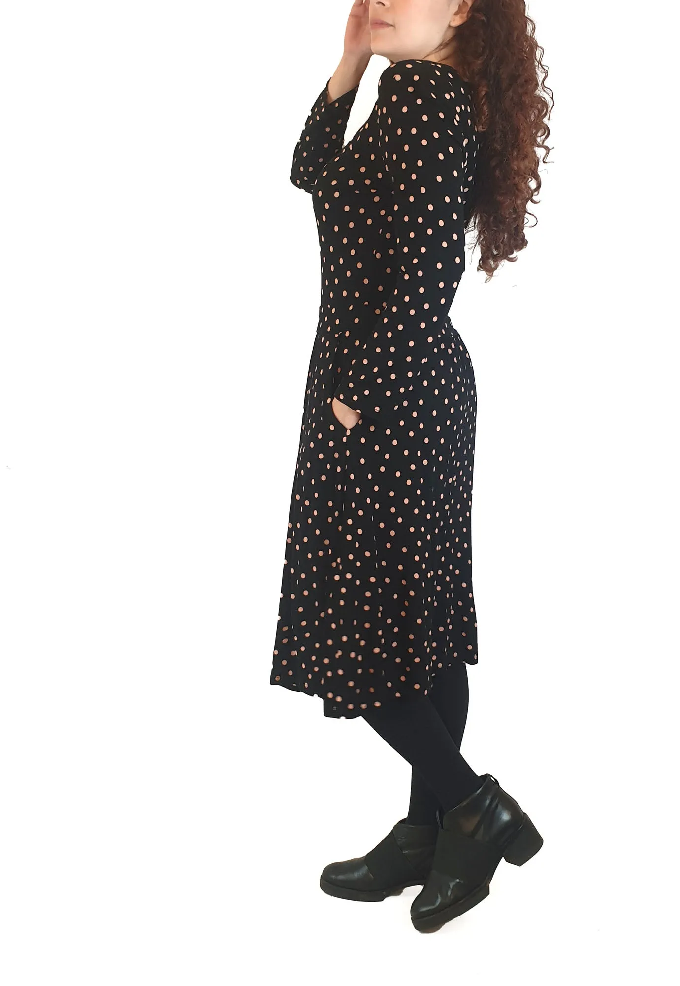 Boden black long sleeve dress with pink polka dots size UK 10