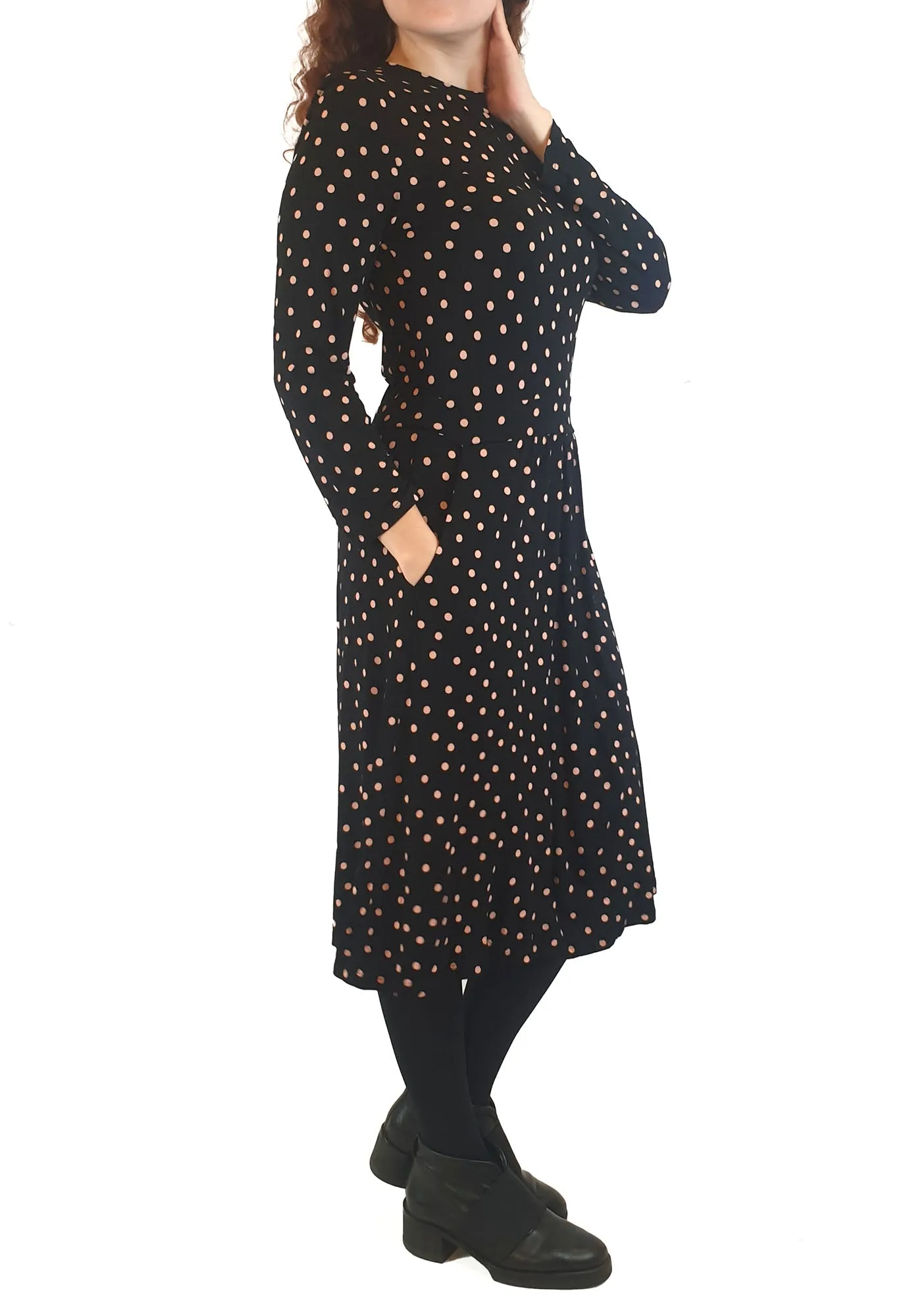 Boden black long sleeve dress with pink polka dots size UK 10