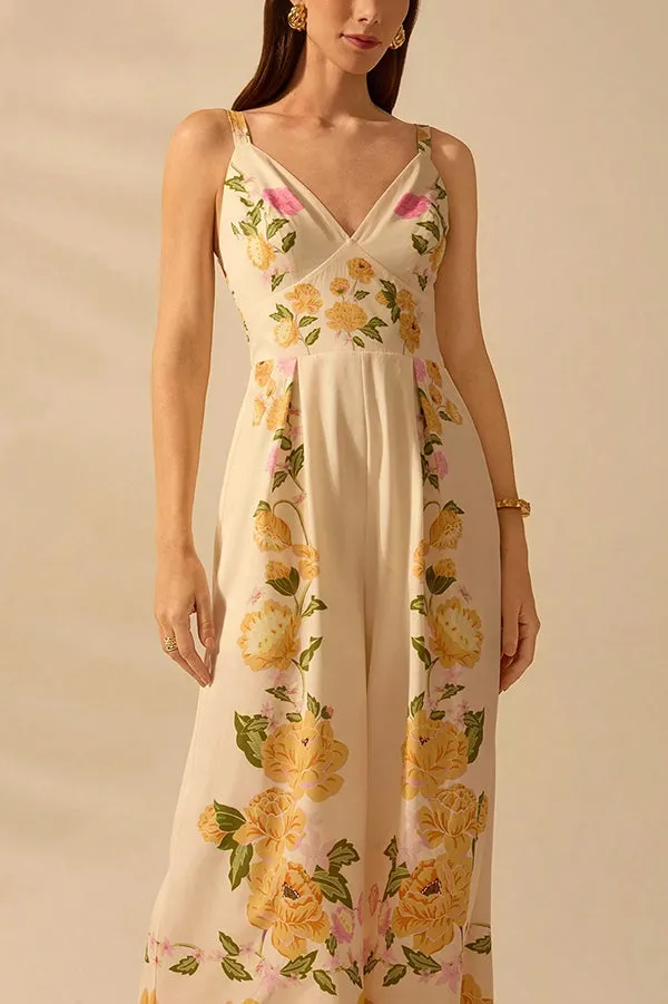 Bohemian Style Plant Print Casual Sling Holiday Loose Jumpsuit