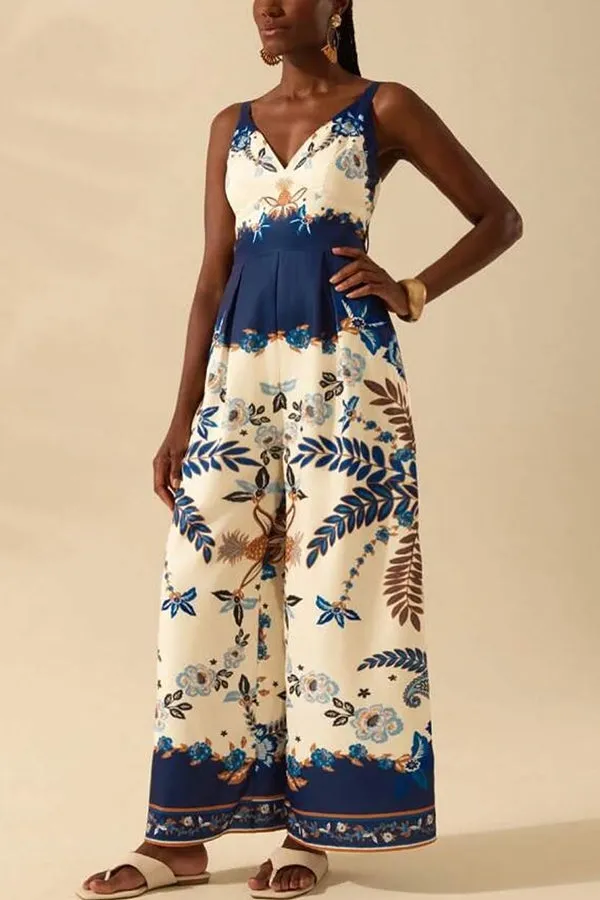Bohemian Style Plant Print Casual Sling Holiday Loose Jumpsuit