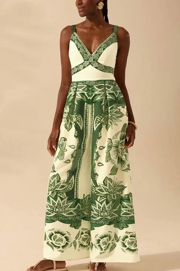 Bohemian Style Plant Print Casual Sling Holiday Loose Jumpsuit