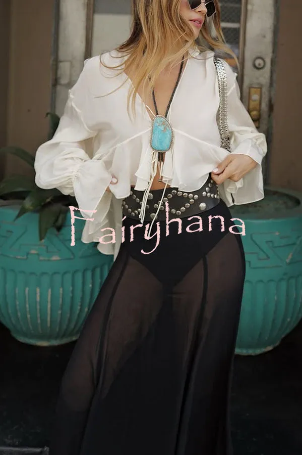Boho Forever Chiffon Ruffles Balloon Sleeve Tie-up Blouse