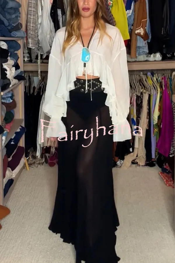 Boho Forever Chiffon Ruffles Balloon Sleeve Tie-up Blouse