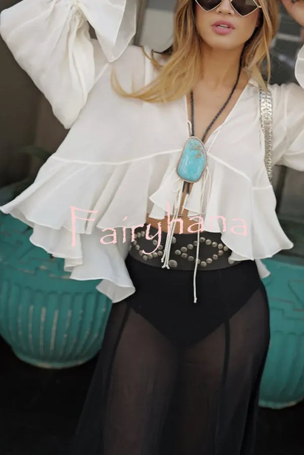 Boho Forever Chiffon Ruffles Balloon Sleeve Tie-up Blouse