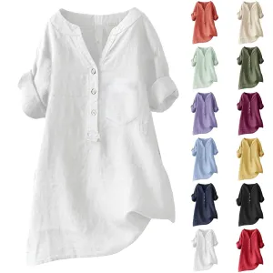 Boho Linen Shirts for Women 2025 Gauze Short Sleeve V Neck Button Loose Fit Blouses Vacation Dress Casual Tunic Tops Lounge Set Summer Beach Travel Womens Y2k Plus Size Pajama Shirt Wear Leggings