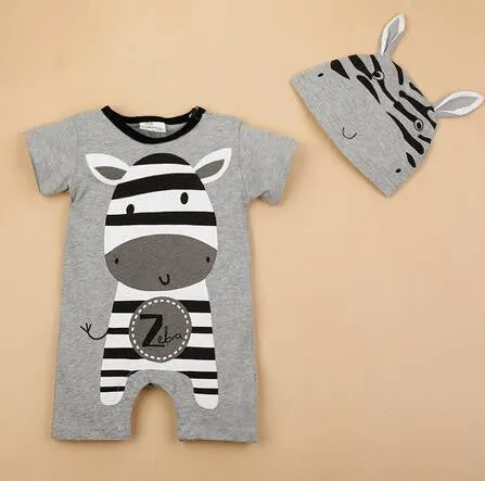 born Baby Rompers Summer Baby Girls Clothes Cute Cartoon Animal born Jumpsuits Ropa Bebes Baby Boy Clothing Set Romper Hat