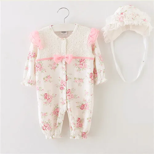 born Princess Style Baby Girl Clothes Kids Birthday Dress Girls Lace Rompers Hats Baby Clothing Sets Infant Jumpsuit