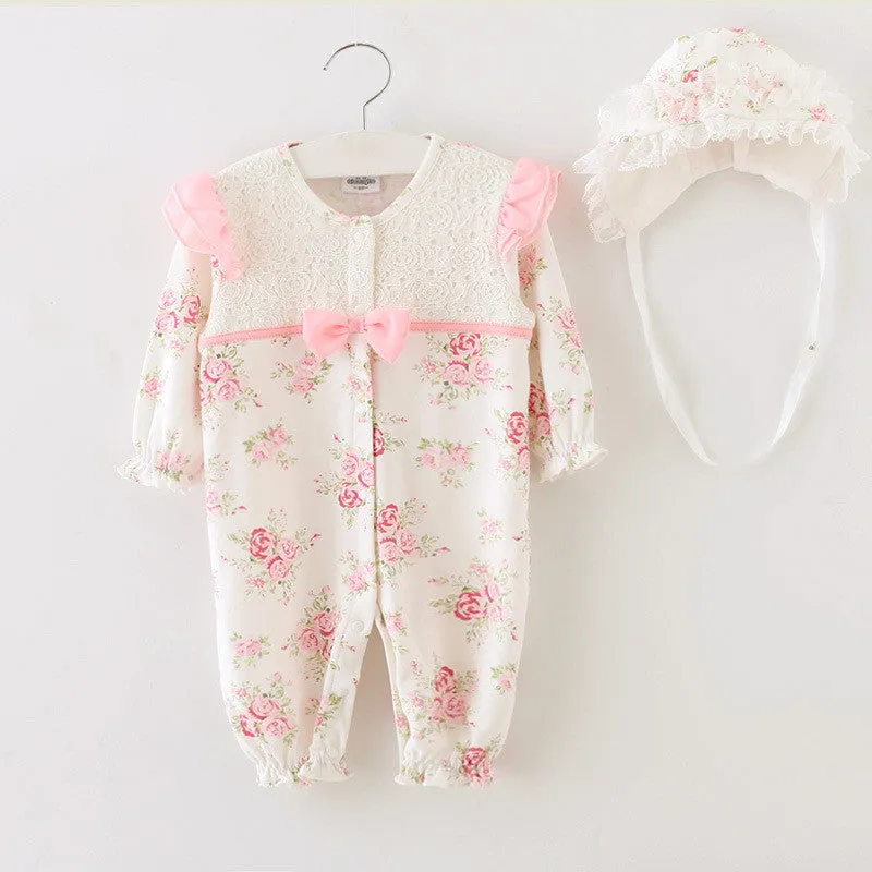 born Princess Style Baby Girl Clothes Kids Birthday Dress Girls Lace Rompers Hats Baby Clothing Sets Infant Jumpsuit