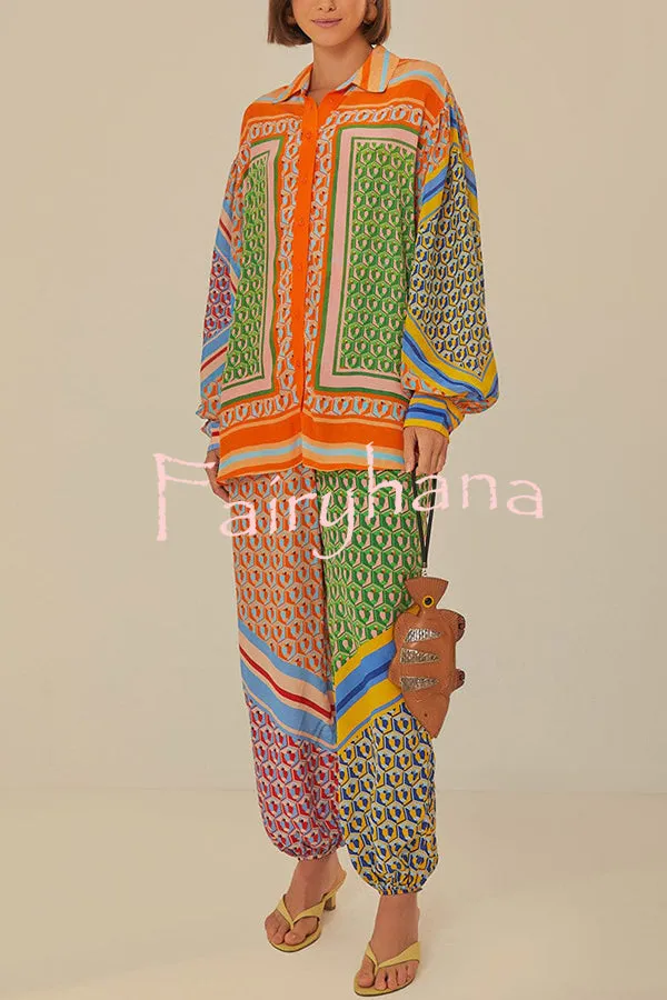 Brazil's Joyful Spirit Colorful Unique Print Balloon Sleeve Button Loose Shirt