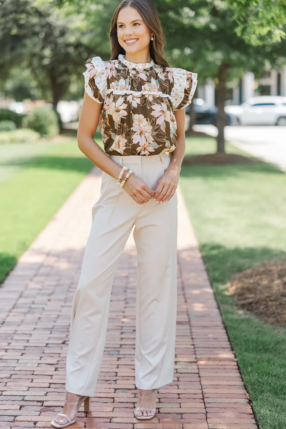 Brown Floral Print Contrast Ruffle Trim Short Sleeve Blouse