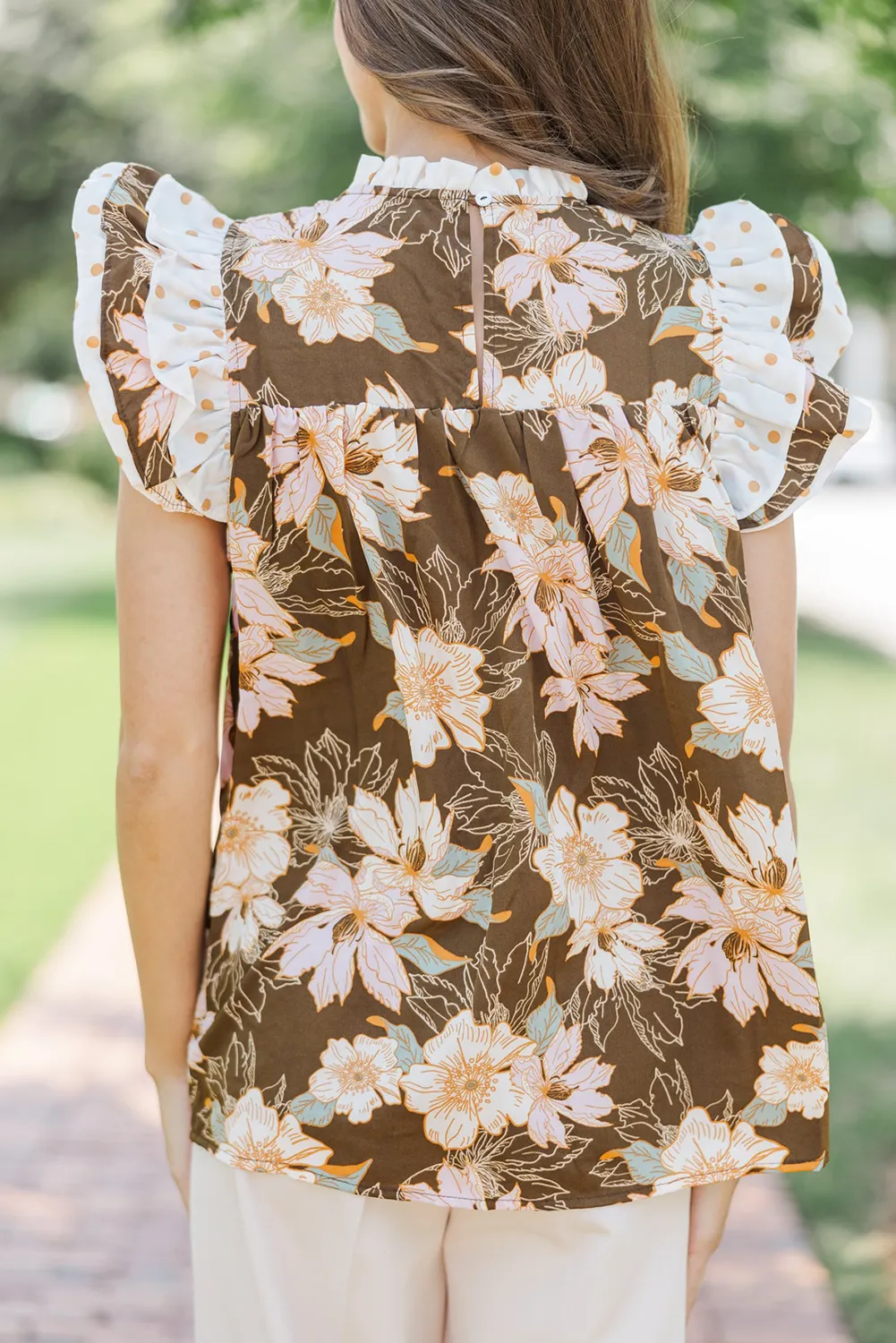 Brown Floral Print Contrast Ruffle Trim Short Sleeve Blouse