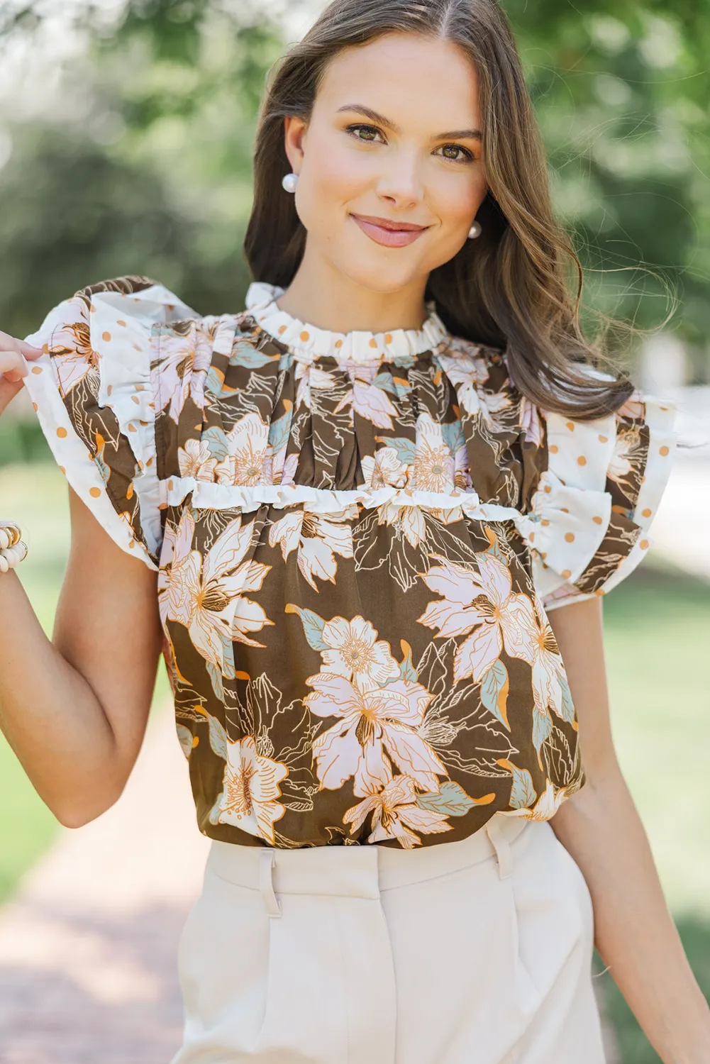 Brown Floral Print Contrast Ruffle Trim Short Sleeve Blouse