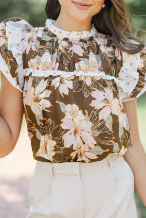 Brown Floral Print Contrast Ruffle Trim Short Sleeve Blouse