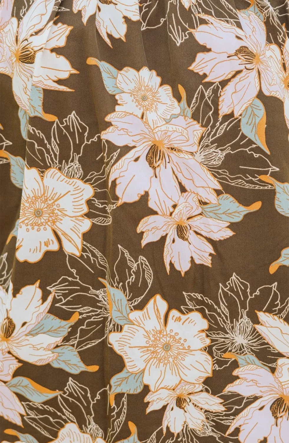 Brown Floral Print Contrast Ruffle Trim Short Sleeve Blouse