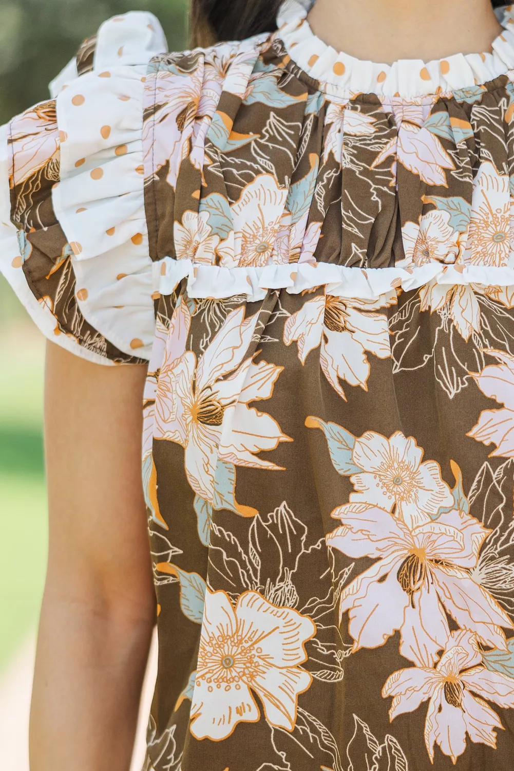 Brown Floral Print Contrast Ruffle Trim Short Sleeve Blouse