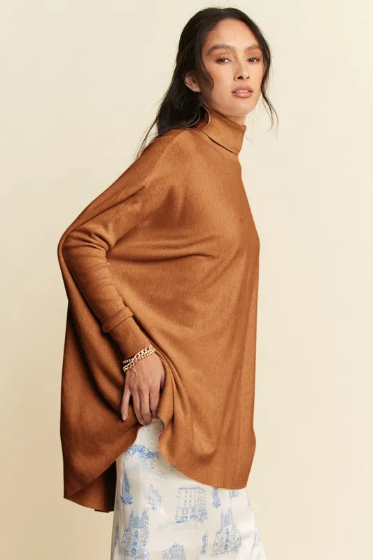 Brown High-Low Turtleneck Long Sleeve Knit Top