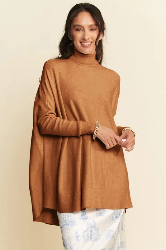 Brown High-Low Turtleneck Long Sleeve Knit Top