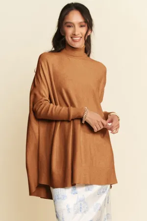 Brown High-Low Turtleneck Long Sleeve Knit Top